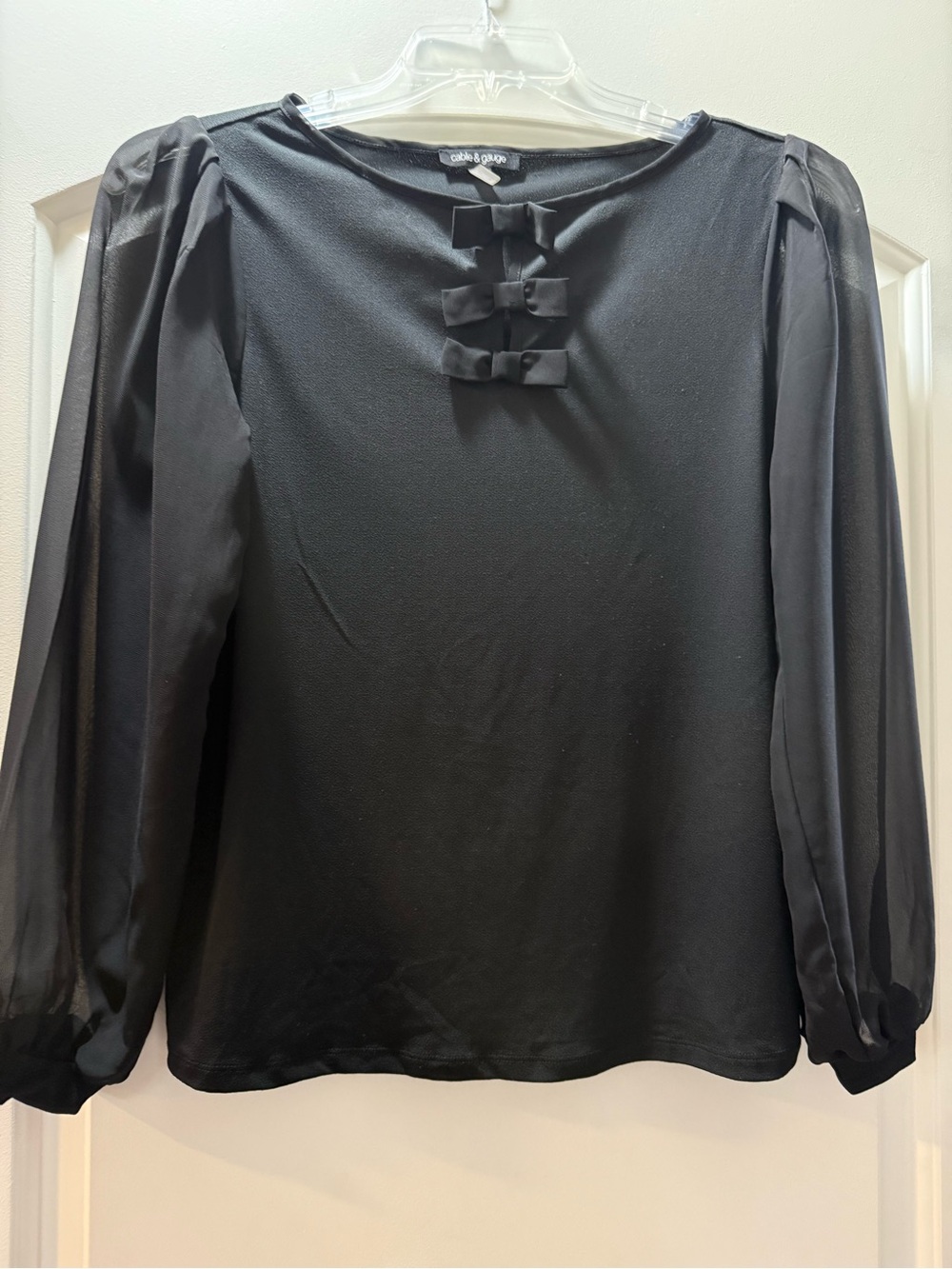 Cable & Gauge Black Bow-Front Sheer Sleeve Blouse